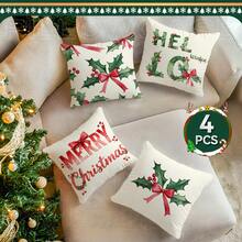 4 Stück Weihnachts-Stechpalmenblatt Illustration Design Kissenbezug Set, einseitig Muster 45*45cm