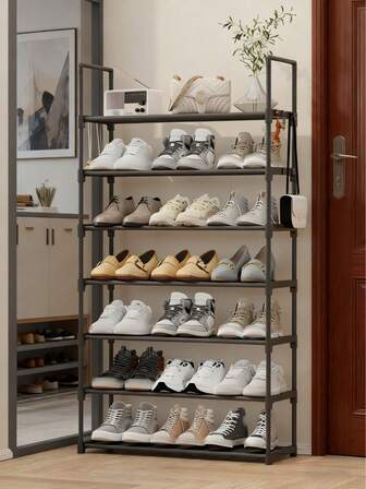 1 pieza Estantería para zapatos de 6-7 niveles, ¡sin herramientas necesarias, instalación rápida! Estantería para zapatos multinivel resistente con ganchos pequeños, organizador de entrada para zapatos, bolsos, llaves, decoración, adecuado para alquiler, dormitorio, ahorro de espacio, decoración del hogar práctica y elegante