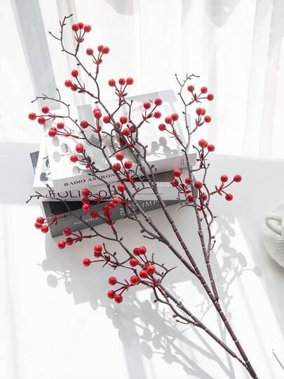 1 件 31.41 英寸人造冬青红色水果花假植物花束，适用于圣诞节装饰、家居装饰、婚礼装饰、秋季装饰、房间装饰、阳台装饰、厨房配件、餐厅、卧室装饰、客厅装饰、派对装饰、万圣节装饰、圣诞装饰、生日派对、墙壁装饰、家居装饰、圣诞礼物南瓜装饰、花瓶户外花园装饰