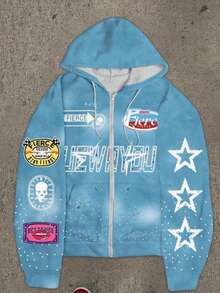 Full-Print Hooded Zip-Up Sweatshirt With Stars And Letters, Loose And Casual Cardigan Top, Unisex - Blue - View 1