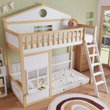 Etagenbett, Hausbett, mit Treppe, mit Rausfallschutz und Geländer, mit Dach und Fenster, Lattenrost frei gestaltbar, Rahmen Kiefer, Kiefer + MDF, weiß + natur, 90 x 200 cm