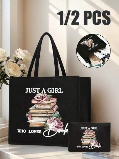 印有“只是一个爱书的女孩”和书中玫瑰图案的黑色单肩托特包，配套的黑色零钱包，化妆包，洗漱包，便携式休闲收纳手提包，多功能购物袋，简易旅行收纳包，大容量旅行化妆包。