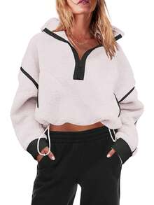 Women's Viral Sherpa Pullover Oversized Half Zip Sweatshirt | Cozy Y2K Winter Loungewear With Pocket Tumbler Fit - 白色 - 查看 4