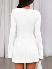Womens Fall Long Sleeve Mini Dress Boat Neck Bodycon Knit Elegant Short New Years  Valentine Party Vacation Dresses - 白色 - 查看 2