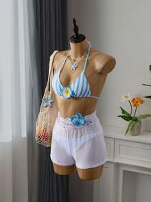 Bellisia Summer Beach Striped Triangle Bikini Set & Mesh Shorts - Blue and White - View 4