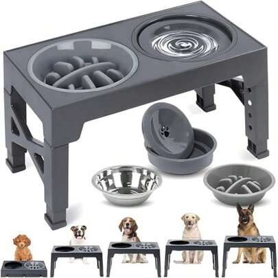 EKEJLI Cuencos elevados para Perros,Comedero Elevado para Perros con comedero Lento,Plegable,5 Alturas Ajustables,Comederos para Perros pequeño, Mediano y Grande, Gatos, Todo Tipo de Mascotas ()(Gris)