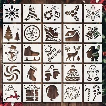 25pcs Reusable Christmas Painting Stencil Set - DIY Art Craft Templates For Wood, Wall, Furniture, Floor, Fabric Decoration - Farmhouse Theme Holiday Decor Design