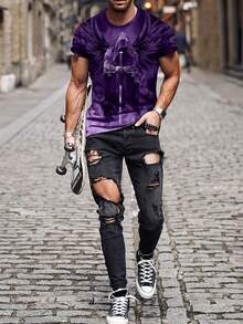Men's Casual Dark Grim Reaper & Angel Print Short Sleeve T-Shirt, Summer - Purple - View 3