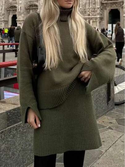 Green Top Women's High Neck Loose Fit Knit Sweater For Autumn Winter, Thick Long Sleeve Pullover, Modest Vintage Old Money Style Christmas New Year Chic Perfect Valentine's Day Basic Top Back To School Autumn Fall Women Clothes