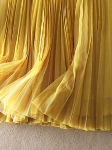 LuminousWealth 女士优雅褶裥网纱 A 字裙，适合休闲或办公场合穿着，简约优雅 | 涤纶网纱裙，四季皆宜，非常适合新年、派对和春季穿着 - 黃色 - 查看 4