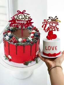 6 قطع من أعلى الكعكة لعام 2026 الجديد، ديكورات كعكة أكريليك للاحتفال برأس السنة الجديدة، أعواد حلوى لامعة باللونين الأحمر والذهبي، لتزيين الكعك في عيد الميلاد والأعياد