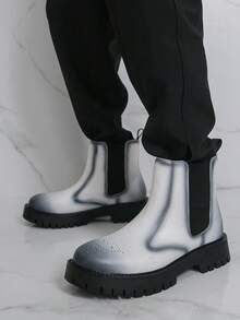 男士高帮皮革牛仔靴，时尚休闲厚底踝靴，百搭街头风格 - 白色 - 查看 11