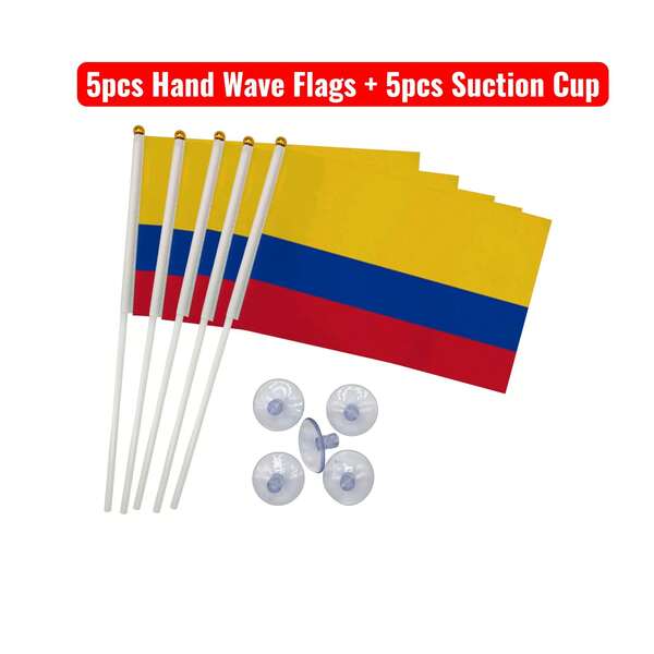 5 pezzi Bandiere colombiane a mano ondulate + 5 pezzi Ventose in PVC trasparente con foro a croce, 10 pezzi Bandiere colombiane a mano ondulate - Portatili, riutilizzabili, facili da installare - Perfette per ufficio, decorazione auto, decorazione pareti, decorazione casa, eventi sportivi e all'aperto - Colori vivaci, materiale durevole