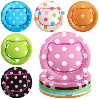 48 件可爱猫咪主题派对盘子，6 种颜色混合 7 英寸甜点盘，适合女孩生日、婚礼、派对餐具装饰