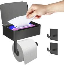 GALASALA Porta Rollos Papel de Baño de Acero Inoxidable SUS304, Soporte con Recipiente de Almacenamiento y Dos Ganchos Adicionales, sin Necesidad de Taladro, Fácil Instalación - Plata - Negro - Ver 5