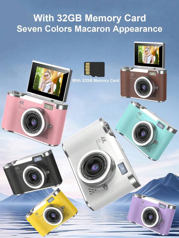 1 Peça Câmera Digital de 48 Megapixels com Tela Giratória de 2,4 Polegadas, Câmera Recarregável CCD com Cartão de Memória de 32GB e Múltiplos Modos de Filtro, Câmera Portátil com Estabilização Anti-Tremor e Zoom Inteligente para Uso Externo