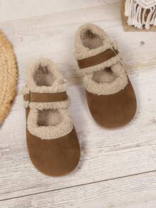 幼儿保暖毛绒魔术贴圆头平底套脚毛绒鞋,适合秋冬季穿着 - 黃色 - 查看 2