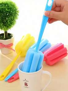 长柄非电动海绵刷 - 耐用塑料厨房清洁工具，适用于玻璃瓶、杯子等 - 随机颜色刮水器，适用于家庭和商业用途，海绵清洁，瓶子清洁，多功能清洁工具，符合人体工程学的手柄
