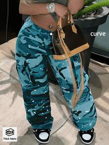 Plus Size Casual Straight Leg Camouflage Dotted Jeans, European And American Street Fashion, Suitable For All Seasons Spring - Blue Camouflage - View 3