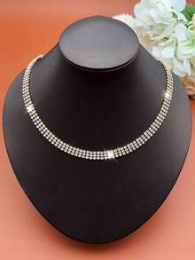 1pc Women's 3-Row Sparkling Zirconia Rhinestone Necklace, Silver Color, Suitable For Vacation, Evening Party - G-white*1PC - View 2