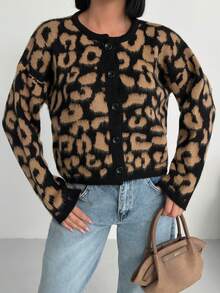Modischer Lässig Leopard Jacquard Cardigan für den Herbst - Schwarz - Übersicht 2