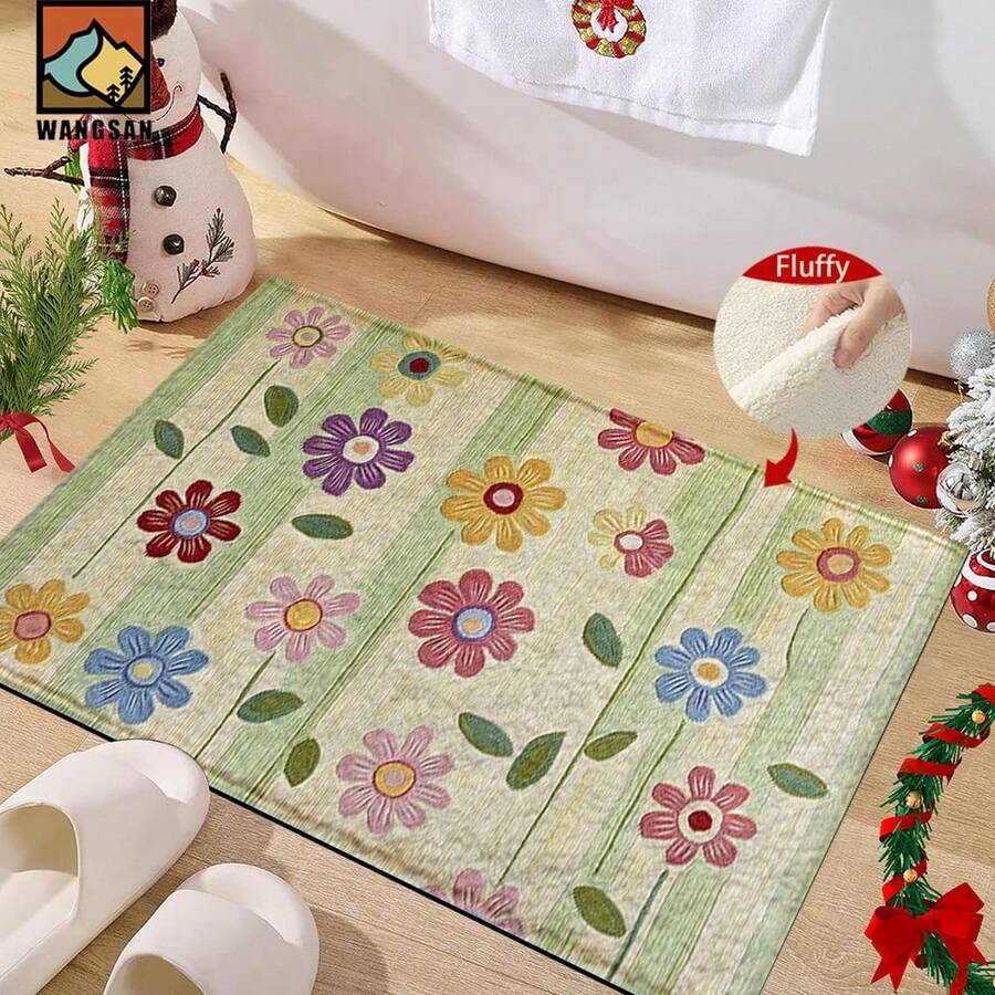 1 pieza/2 piezas Alfombra de baño con patrón de flores coloridas, material de cachemira sintética, decoración esponjosa adecuada para baños, entradas, cocinas y decoraciones festivas, lavable a máquina, idea de regalo