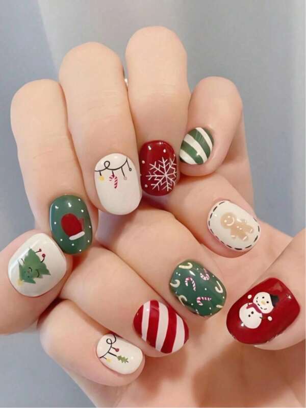 24pcs Short Oval Press On Nails Christmas Nails Christmas Tree & Santa Claus Red And White Line Art Fake Y2k Nails Christmas Party Dating