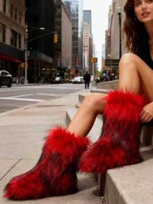 Women's Faux Fox Fur Boots For Autumn & Winter: Warm Mid-Calf, Plus-Size, Flat-Heeled, Thickened Faux Fox Fur, Round-Toe, High-Top Snow Boots. - 紅色 - 查看 4