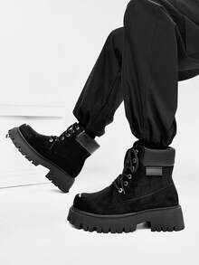 SLnU3 3pcs Men's Fashion High-Quality Casual Thick-Sole Elevated Boots, Dopamine Color, Minimalist Design, Punk Hip-Hop British Street Style, Versatile For All Seasons - Black - View 2