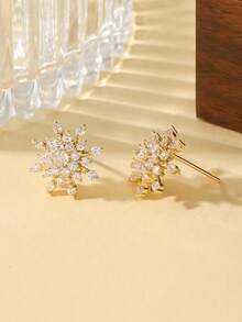 2pcs Super Shiny Fully Rhinestone Gold Sunflower & Snowflake Stud Earrings, Suitable For Women's Wedding, Engagement, Party Wear And Holiday Gifts