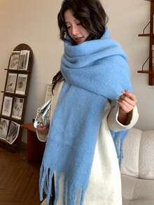 1 pieza Bufanda de invierno para mujer, chal de cachemira sólido azul claro, bufanda gruesa y suave de color azul claro, chal con flecos largos, bufanda de invierno de moda, bufanda para adultos, bufanda azul cielo, capa de cachemira con estilo, cachemira de lujo, bufanda sólida de mujer de color azul claro brillante, chal y envoltorio de invierno, bufanda cuadrada de mujer, bufanda sólida gruesa con flecos, cuello de invierno cálido, chal grueso tejido de lana con flecos, se puede usar