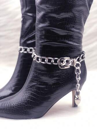 1 Pair Chunky Silvery Chain Boot Accessory With Clasp – DIY Shoe Decoration, Stylish Boot Jewelry Fory Look
