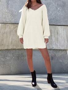 Women's V-Neck Fashionable & Elegant Solid Color Knitted Slit Long Sleeve Dress, Casual Everyday Wear