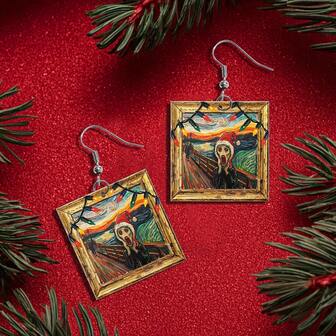 1 对圣诞风格耳环，油画圣诞灯 2D 趣味礼物，可爱的“尖叫声”设计，适合圣诞节佩戴