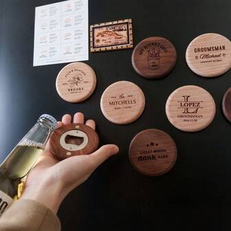 1pc Creative Wooden Magnetic Bottle Opener, Customizable With Name Text, Magnetic Design Can Attach To Bottle Caps And Refrigerator, Practical And Fun Beer Bottle Opener Refrigerator Magnet, Suitable For Home, Bar, Party Use, Personalized Gift And Decor Item For Boyfriend, Father, Friends