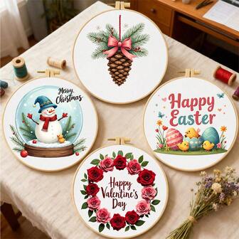4pcs Embroidery Tool Kit With Floral Pattern And Instructions, Includes Embroidery Hoop, Thread And Needles, Ideal For Beginners, 7.87x7.28in DIY Hand Embroidery Set, Craft Kit With Pattern, Threads, Hoop, Needles And Manual, Perfect Gift For Halloween/Thanksgiving/Valentine's Day/Christmas/Birthday
