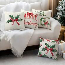 4 Stück Weihnachts-Stechpalmenblatt Illustration Design Kissenbezug Set, einseitig Muster 45*45cm
