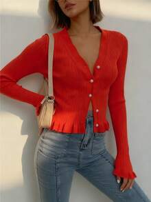 Elegante y de moda Cárdigan de punto a cuadros con escote en V para mujer en otoño-invierno - Mangas largas, longitud corta, bordes con volantes, cierre con botones delanteros. Adecuado para Acción de Gracias, Navidad, Año Nuevo y otras ocasiones.