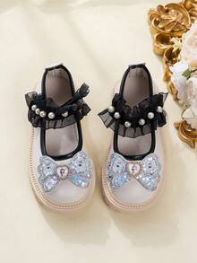 New Soft Bottom Anti- Wear-Resistant Shiny Bow Decor Princess Flat Loafers For Kids - Beige - View 5