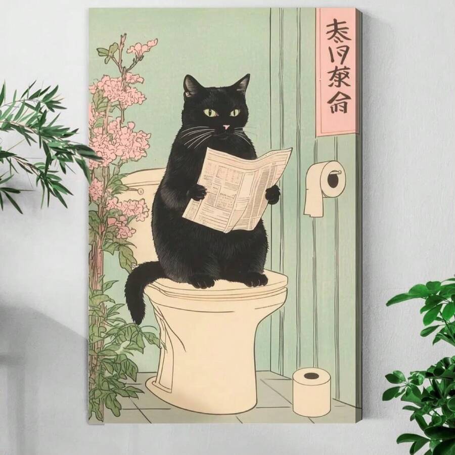 Black Cat Reading Newspaper, Toilet Scene, Japanese Ukiyo-E Style Canvas Wall Art, 1Pc 2D Flat Printing, For Living Room Office Wall Decor For Bedroom Bathroom Framed Wall Poster Art Prints Ready To Hang Pictures Home Decorations - Nhiều màu - Xem 1