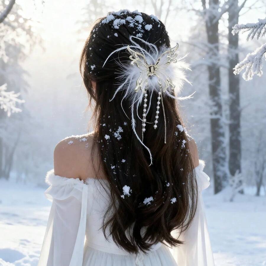 Winter Light Luxury Super Hold Oversized Hair Claw For Women - Soft Fluffy Plush Hair Accessory With Exquisitely Sculpted Metal Frame, Hand-Inlaid Premium Rhinestone Butterfly Motif, High-End Polished Metallic Finish, Sturdy Non-Slip Jaw Clip With Anti-Slip Silicone Lining, Skin-Friendly Plush Fabric, Oversized Size For Thick/Extra-Thick/Medium/Long Hair