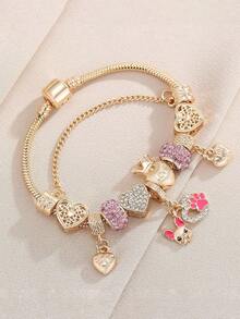 1 件 7.09+1.97 英寸圣诞节 DIY 锌合金手链适合男女情侣佩戴爱心皇冠小狗吊坠带水钻挂珠珠宝手链 - 彩色 - 查看 2