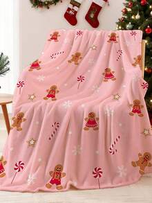1 pieza Manta de franela con diseño de hombre de jengibre rosa navideño, bastón de caramelo, copos de nieve y lunares, 280 g/m², manta de tiro, manta para cama, tapiz, alfombra, resistente al desgaste, no suelta pelo, no se descascarilla, no se descolora, adecuada para decoración del hogar, las cuatro estaciones, decoraciones de invierno, decoración de dormitorio, artículos de decoración de habitación, decoración de sala de estar, manta de picnic, regalos para mejores amigos, cama.
