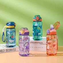 1 pièce Bouteille d'eau pour enfants de 600 ml avec impression de dessin animé, bouteille d'eau de sport avec paille, tasse à boire portable pour la maison, le bureau, l'école et l'extérieur