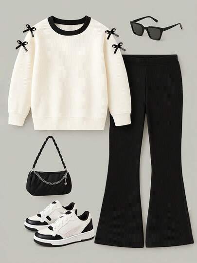 Conjunto de 2 peças de blusa de manga comprida com estampa de laço e calça justa de cor sólida para meninas, fofo e elegante, adequado para primavera e outono