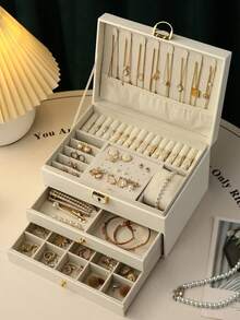 3-Layer Large Capacity Jewelry Box, PU Leather With Lock Jewelry Storage Box, Desktop Drawer Storage Box, Vanity Organizer Box, Women's Accessory Gift Box, Ring, Necklace, Bracelet, Earring Storage Box, Jewelry Accessory Storage Container. - Multicolor - View 11