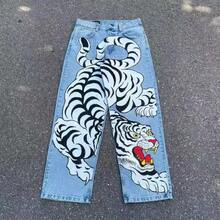 Men's Straight Trousers Hip-Hop Jeans HIPHOP Hip-Hop Graffiti White Tiger Print Loose Wide Legs - Màu xanh da trời - Xem 3