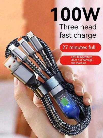 3-In-1 Super Fast Charging Cable, 3-In-1 Charging Cable With Transparent Illuminated Braided Nylon Wire, Fast Charging Data Cable Compatible With IPhone, Android, Camera, MP3 Universal Adapter 100W Nan