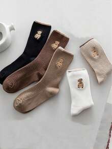 5 Pairs Women's Brown & White Bear Pattern Mid-Calf Socks, Comfortable Striped Sports Socks, Versatile Cute Socks For Autumn/Winter - Multicolor - View 3