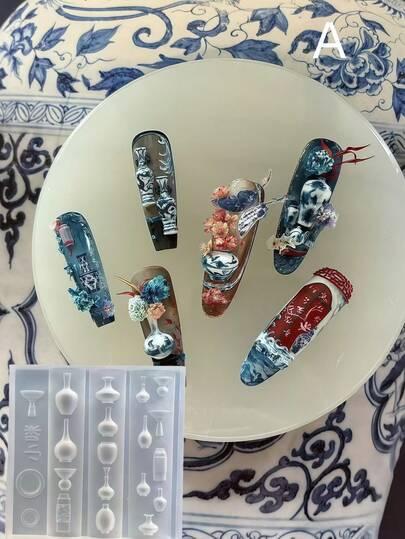 Molde de arte de unha em vaso estilo chinês, molde em formato de vaso 3D, molde decorativo transparente criativo faça você mesmo